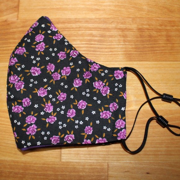 Black Purple Floral Cotton Face Mask Fabric - Picture 1 of 3